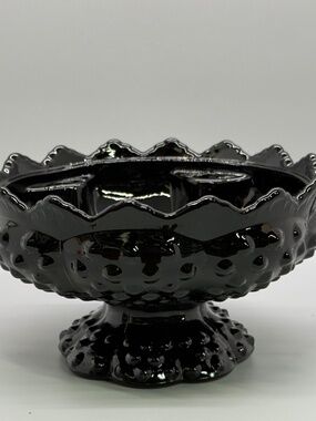 Fenton Vintage Black Hobnail Glass 6 Hole Sawtooth Candle Holder Centerpiece 6.5